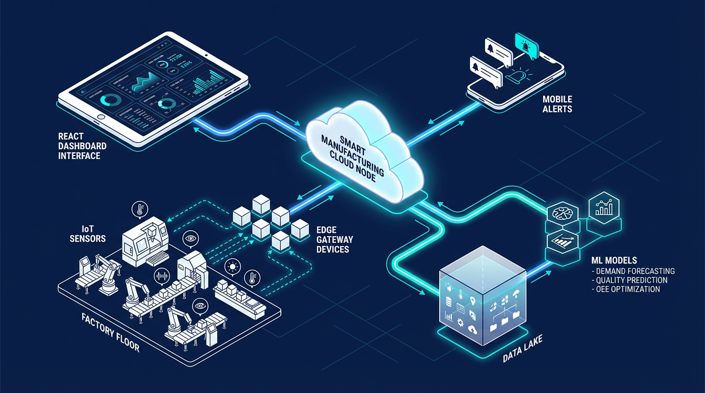 System architecture showing IoT sensors, edge gateways, cloud data lake, ML models, and dashboard