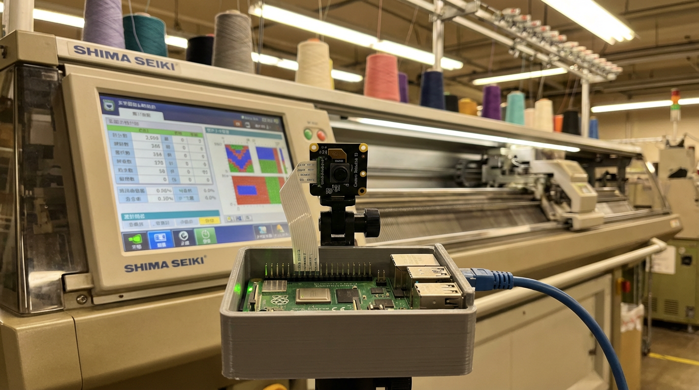Raspberry Pi with camera module mounted facing a Shima Seiki computerized flat knitting machine display, capturing production data in real-time